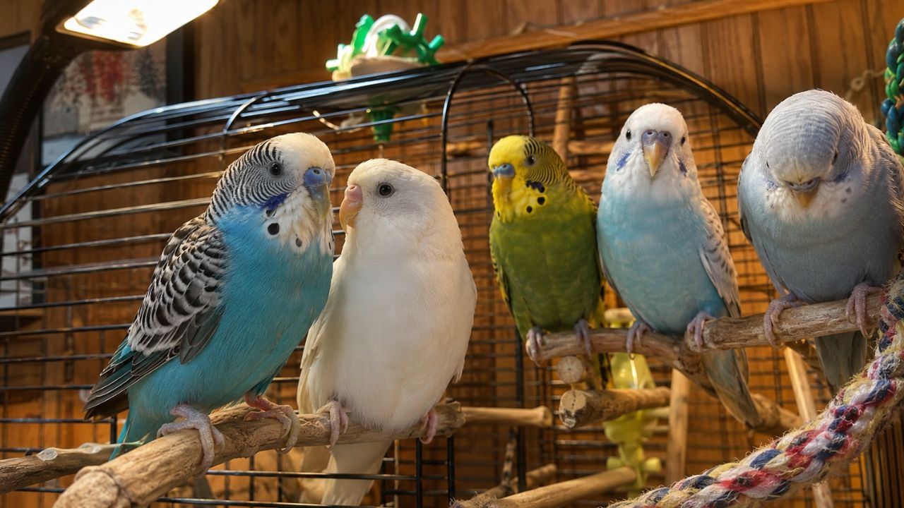 Budgie in cage in UK home office