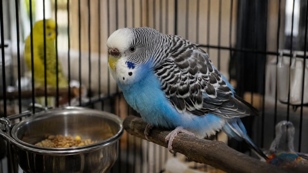 Budgie sitting alone on a perch in a UK home