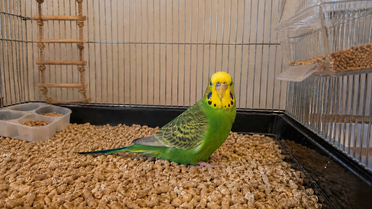 budgie sitting bottom of cage paradise pets swindon