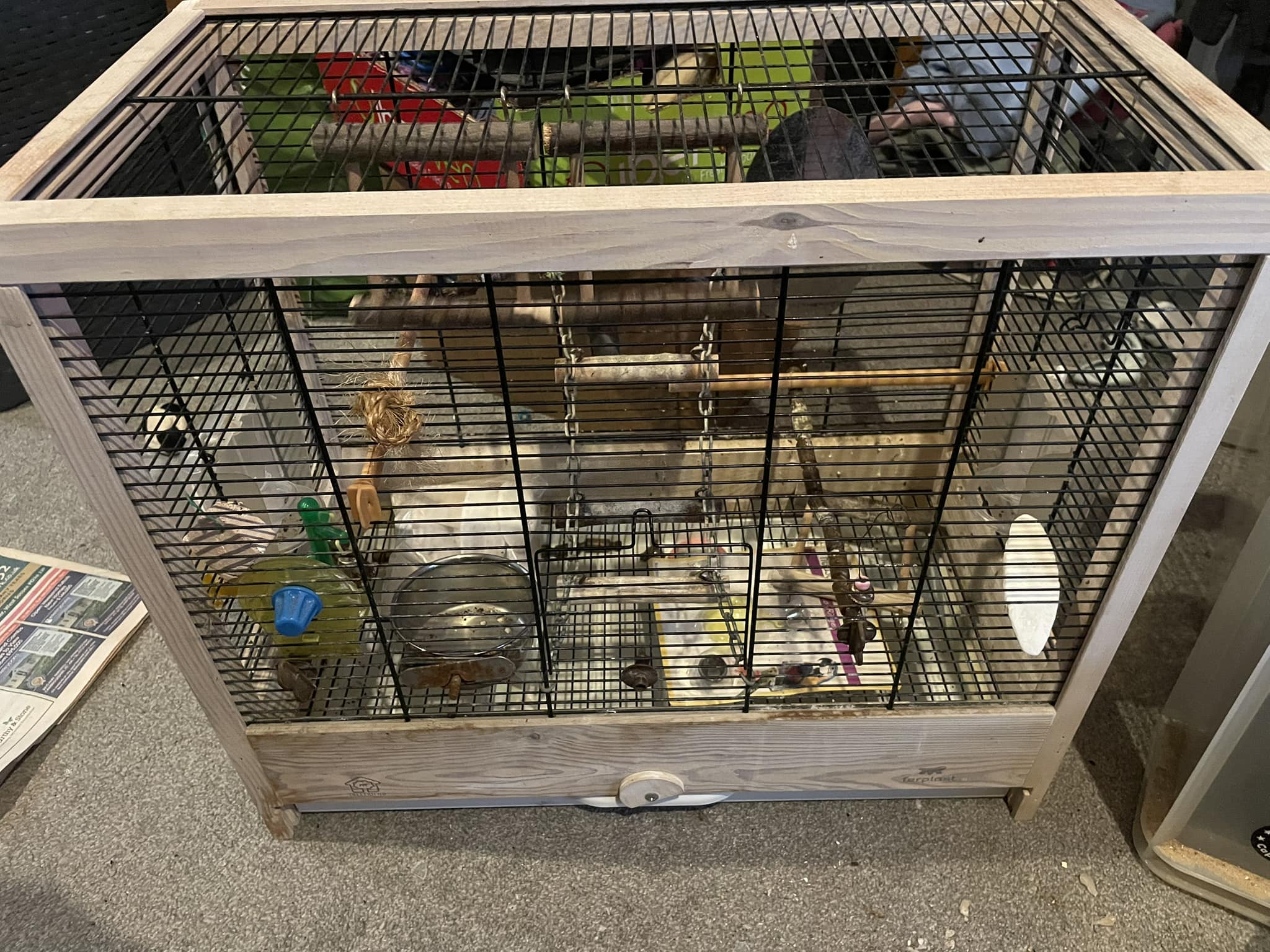 small bird cage with seed bowl and plastic toys