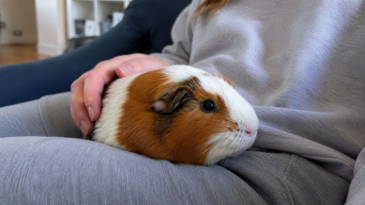 Guinea pig being tamed gently by owner UK