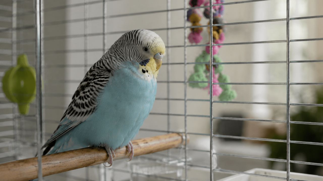 Silent budgie sitting quietly UK cage worried owner