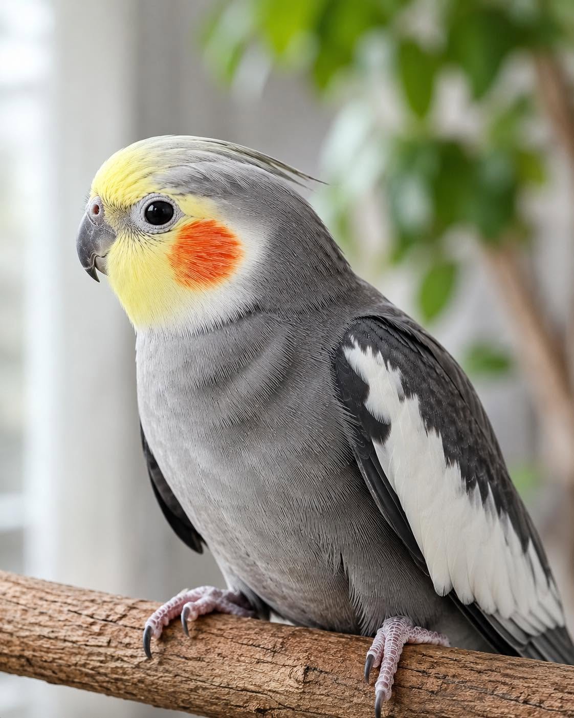 cockatiel resting with flat crest relaxed posture" 