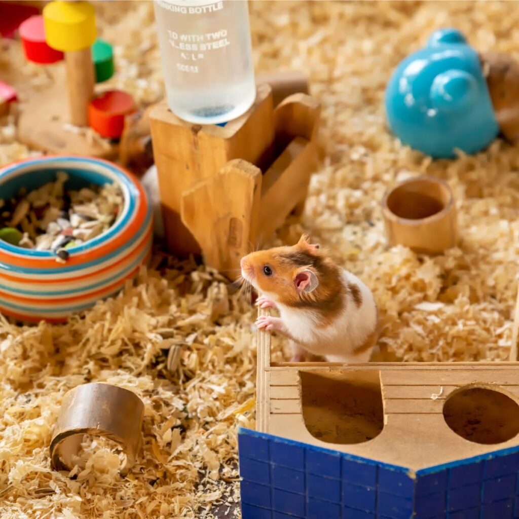 Hamster resting near low-dust bedding in a clean enclosure