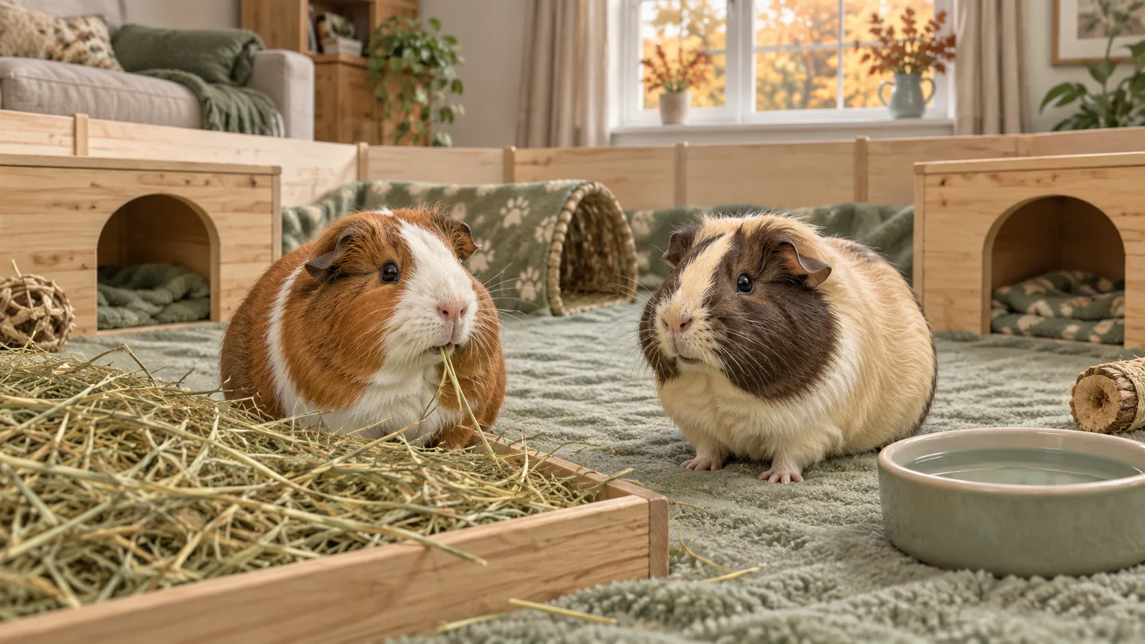 Illustration of two guinea pigs in an indoor enclosure with hay, a water bowl, two wooden hides and a tunnel.