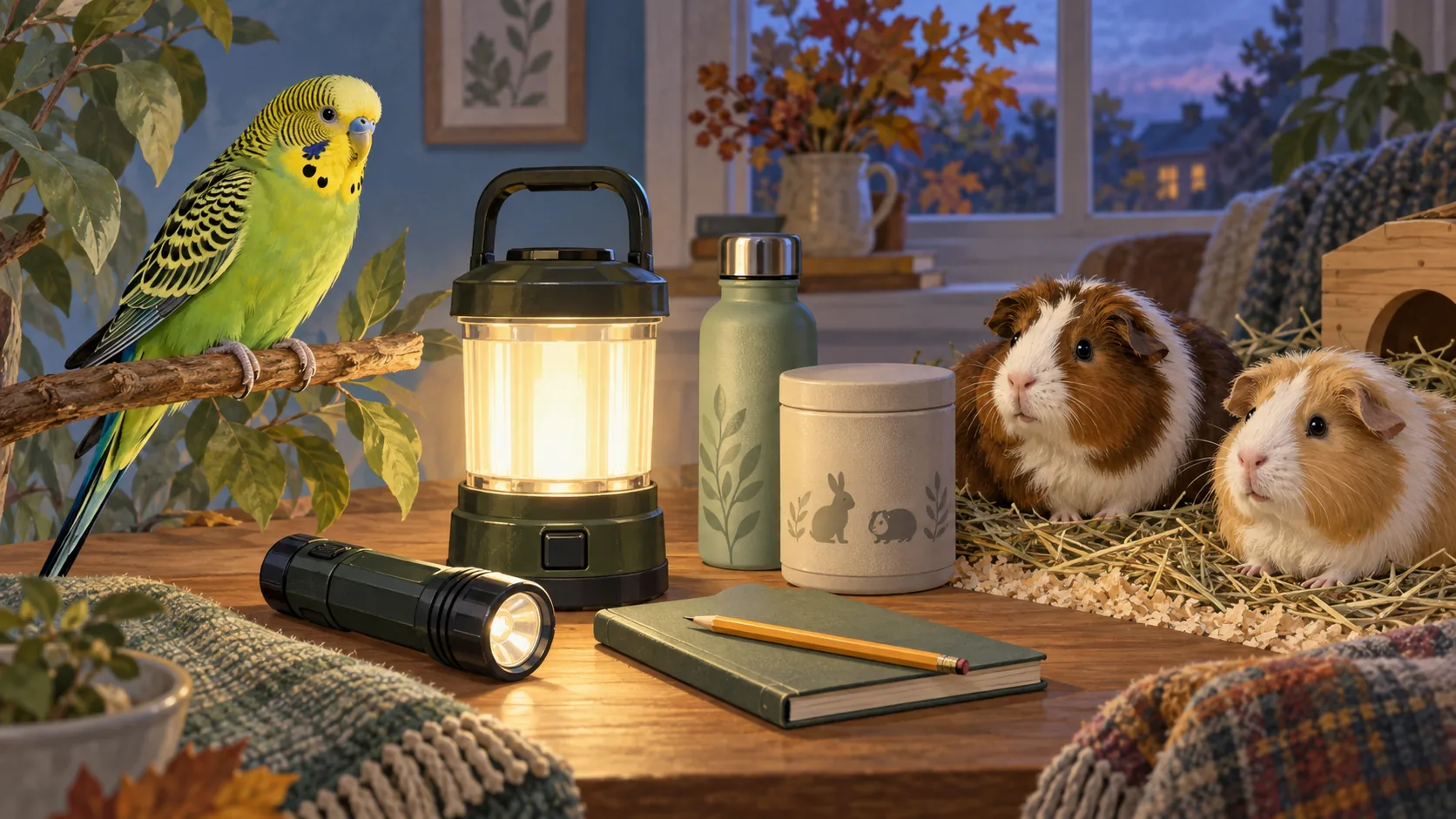 Illustration of a budgie and two guinea pigs beside a lantern, torch, bottle, lidded container and notebook.